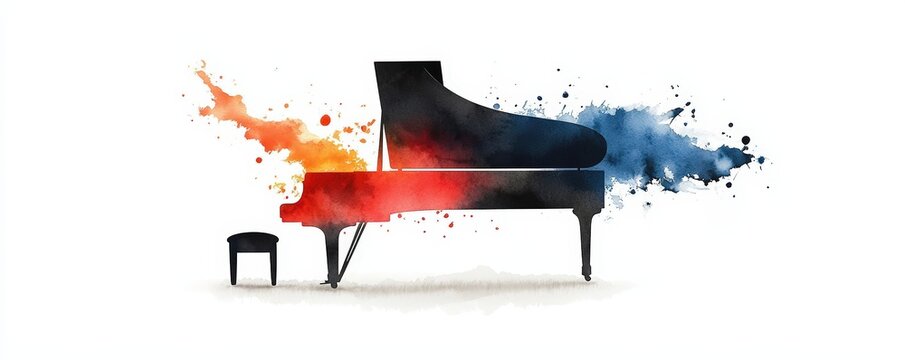 An artistic piano with colorful splashes of orange and blue, symbolizing creativity and musical expression.