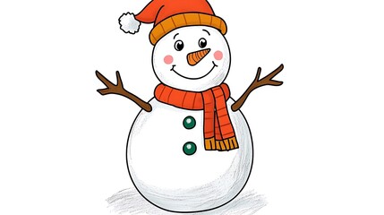 An illustrated cartoon snowman wearing a hat and scarf smiling