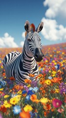 Fototapeta premium Zebra rests in a colorful wildflower field under a clear blue sky during bright daytime hours
