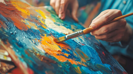 Obraz premium Artist creates vibrant landscape painting using brush techniques and rich colors in a well-lit studio