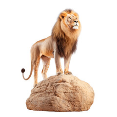Lion standing majestically on a rock, white isolated background.