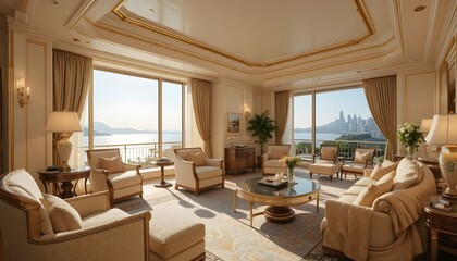 From a wide-angle view on a sunny summer day, luxury elegance of first-class suite unfolds like a breathtaking panoramic view, with its opulent furnishings and exquisite details creating a sumptuous S