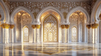 Opulent Arabesque Palace Interior with Intricate Golden Details and Arched Entrances