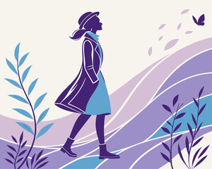 Stylish Woman Walking in Nature - Abstract Vector Illustration. Modern abstract vector illustration of a woman walking outdoors in nature. Silhouette in purple-blue tones with flowing lines.