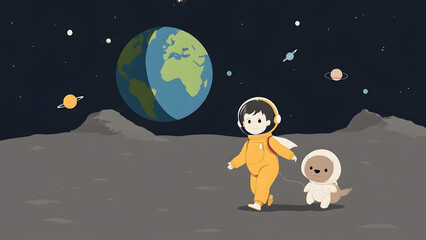 Naklejka premium Exploring the Cosmos: A charming astronaut and a friendly space dog embark on a captivating journey on the surface of the moon, Earth majestically suspended in the starry sky.