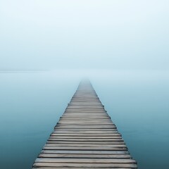 Fototapeta premium Wooden Pier Vanishing into a Serene Mist on the Water Surface Creating Peaceful Visual Journey