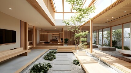 A spacious open-plan living room with distinct lounging and entertainment zones, natural light streaming through skylights, and a seamless blend of minimalist and functional design 