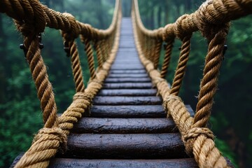 Fototapeta premium close up view of rope bridge over ravine, showcasing sturdy wooden planks and thick ropes. lush greenery in background adds serene and adventurous atmosphere