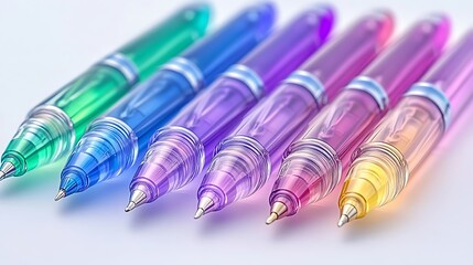 Colorful translucent gel pens arranged in a row.