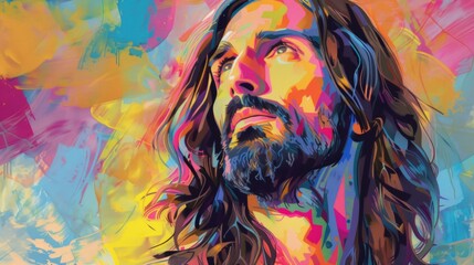 Illustration of Jesus Christ in a White Outline with Vignette Effect and Clean Lines