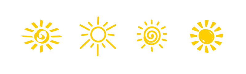 Four yellow sun symbols with varied shapes and patterns highlight a simple and creative design.