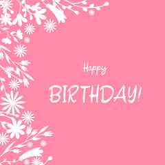 Captivating pink backdrop delicate white flowers botanical elements along edge, creating striking contrast that enhances any decorative space. Perfect for celebrations. Copy space Happy birthday text