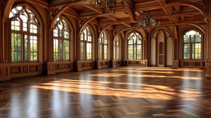 Fototapeta premium Elegant vintage interior of a grand hall with wooden floors and large ornate windows
