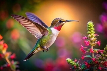 Fototapeta premium Hummingbird in Flight, Low Light Wildflower Nectar