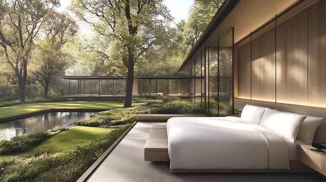 Modern bedroom with serene garden view.