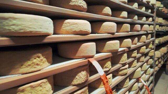 Aging cheese on wooden shelves in a maturing cellar in the Pyrenees Mountains