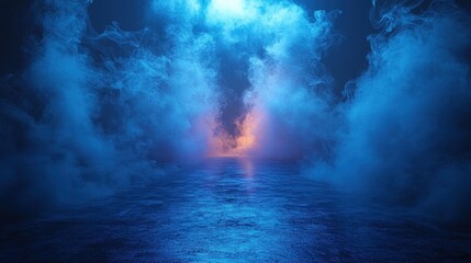 Obraz premium Ethereal blue and orange mist over a tranquil water surface at dusk