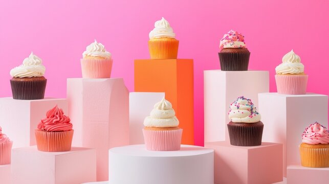 Playful cupcake display with pastel colors and geometric elements