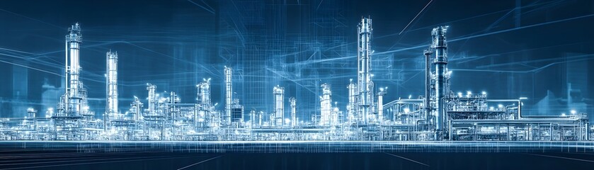 A futuristic industrial landscape featuring advanced machinery and structures, showcasing the integration of technology in modern manufacturing and energy production.
