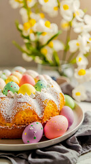 Fototapeta premium A cake on a plate with colorful eggs on top of it