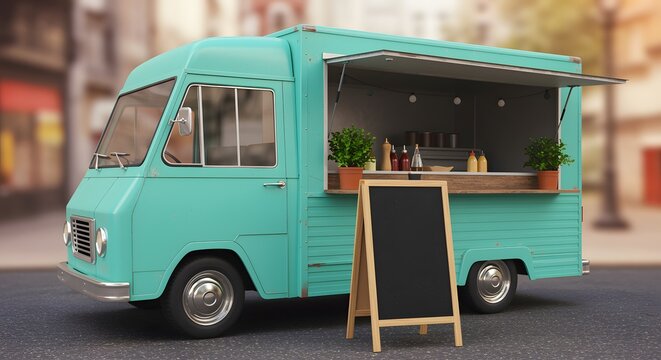 A food truck with a blank chalkboard menu