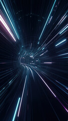 High-speed neon light tunnel creating a warp-speed effect in a futuristic digital landscape.


