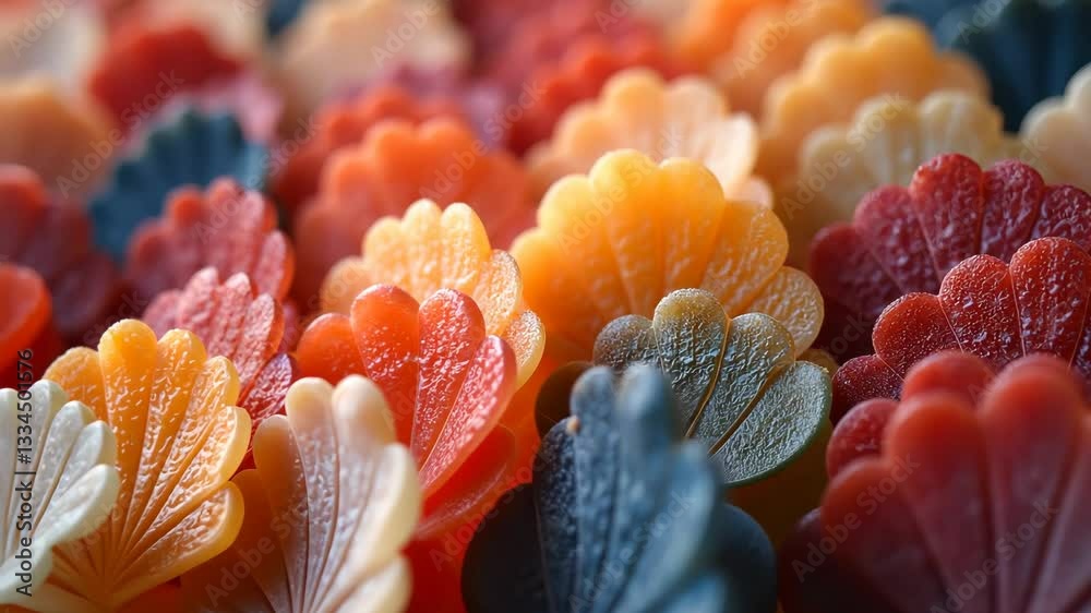Poster A close up of a colorful array of flower shaped objects. The objects are in various colors and sizes