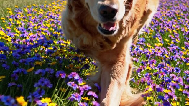 Golden Retriever running joyfully across vibrant wildflower meadow, bounding with pure canine happiness amid purple and yellow blossoms on sunny summer day