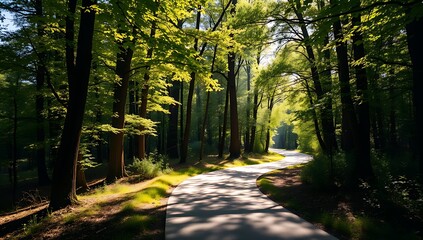 Fototapeta premium Sunlit path winding through lush green forest. (2)