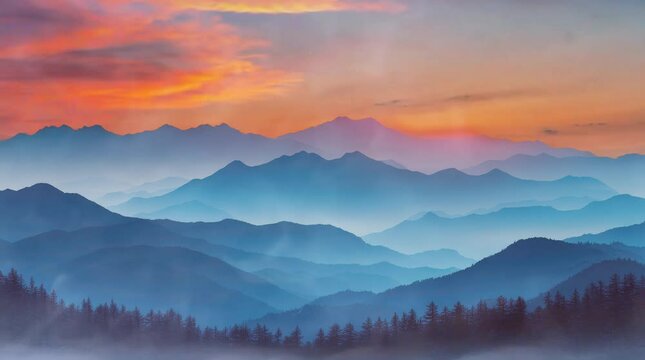 Endless mountain layers fade into mist beneath a vibrant sunset sky. Soft hues of blue and orange create a tranquil, breathtaking view, evoking serenity and wonder.Seamless looping 4k time-lapse  