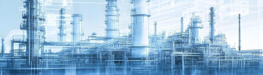 A modern industrial complex featuring towering structures, pipes, and machinery