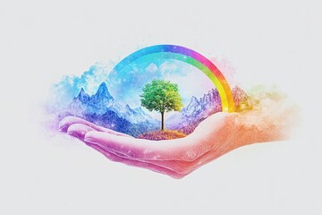 Fototapeta premium World Environment Day Concept, Illustration design of a green world and rainbow