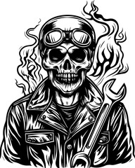 Fototapeta premium Demonic mechanic design in SVG and vector format.Skull Mechanic with Wrench and Smoke in Gothic Style Art