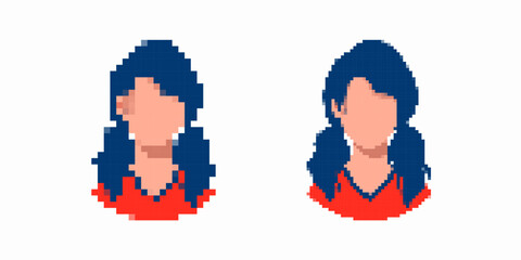 Fototapeta premium A pixel art portrait shows a girl with dark blue pigtails and a red shirt