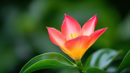 Fototapeta premium A vibrant flower with red and yellow petals stands out against a blurred green background, showcasing natural beauty and elegance.