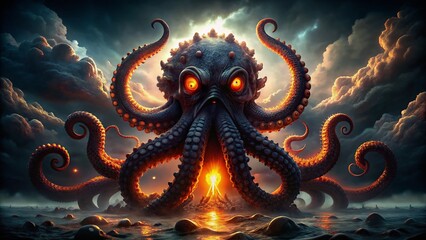 Legendary Kraken Silhouette: Fiery Eyed Octopus Monster - Horror Fantasy Stock Photo