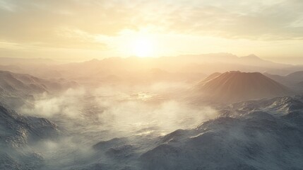 Fototapeta premium Aerial view Misty mountain sunset, volcanic landscape