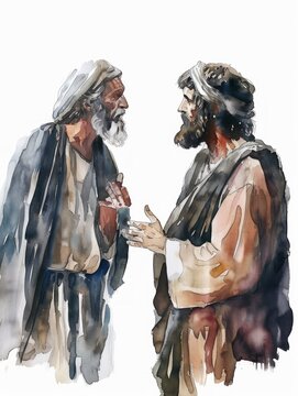 Jesus and Simon the Zealot discussing the law, watercolor religious art with white background