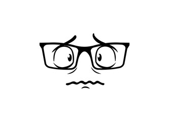 Simple black line art showing a worried face with glasses reveals clear anxiety and concern.