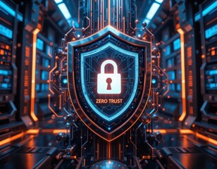 Security zero trust concept. A futuristic digital shield symbolizing cyber security, featuring a padlock and the phrase "ZERO TRUST," set in a high-tech environment.
