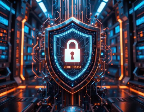 Security zero trust concept. A futuristic digital shield symbolizing cyber security, featuring a padlock and the phrase "ZERO TRUST," set in a high-tech environment.
