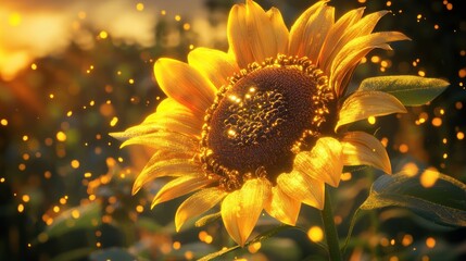 Naklejka premium Golden Sunflower Sunset Field Magic Dust