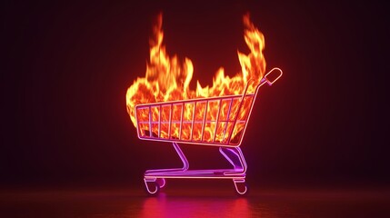 Concept of intense retail demand with burning shopping cart symbolizing urgent purchases and promotional fever, neon outline, dark backdrop.