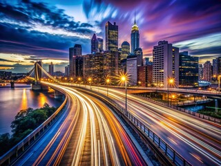 Fototapeta premium Long Exposure Light Trails Cityscape Night Photography - Urban Scene at Dusk