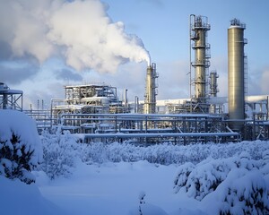 Obraz premium A snowy industrial landscape showcasing tall chimneys and metal structures emitting steam. The contrast of snow and industry highlights the blend of nature and technology.
