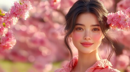Fototapeta premium Woman smiling amongst beautiful pink flowers while practicing daily mindfulness and finding inner joy