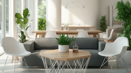 Fototapeta premium Modern interior design, Scandinavian style dining room, round wooden table, white molded chairs, gray upholstered bench, large fiddle leaf fig plant, floor-to-ceiling windows, natural light