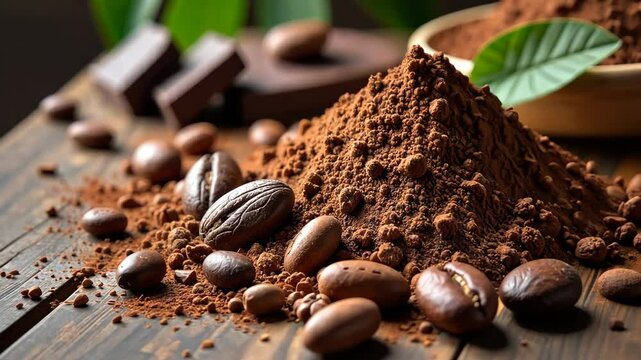 A pile of chocolate and coffee beans. The chocolate is in the form of a bar and a pile of powder