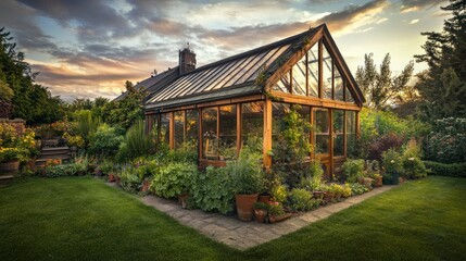Fototapeta premium Sunset Garden Greenhouse, Plants, Home, Backyard, Landscape, Flowers, Stone Path, Growth