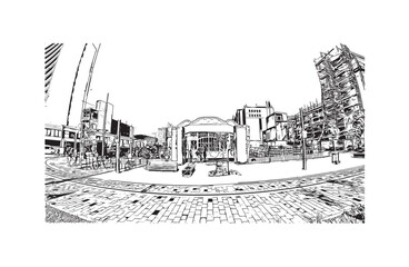 Fototapeta premium Latest building view with landmark of Christchurch city of New Zealand. Hand drawn sketch illustration in vector